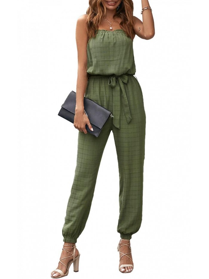 Women's Summer Casual Jumpsuits Off Shoulder Elastic Waist Belted One Piece Beam Foot Long Rompers With Pockets 