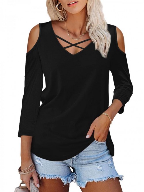 Womens Summer Shirts V Neck Criss Cross Cold Shoul...