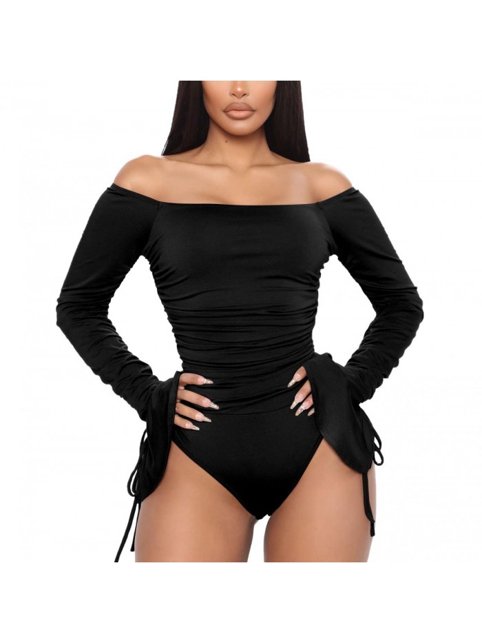 Long Sleeves Bodysuit Off Shoulder Pleated Flared Cuffs Jumpsuits Rompers Tops 