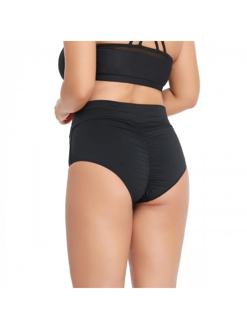 Womens' Black Crossover V High Waisted Cheeky Ruch...