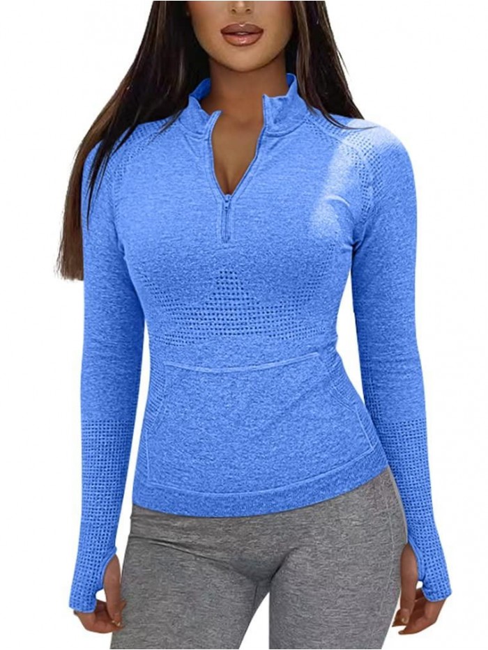 Women Workout Long Sleeve Yoga Front Pocket Tops Gym Half Zipper Stand Collar Running Athletic Shirt 