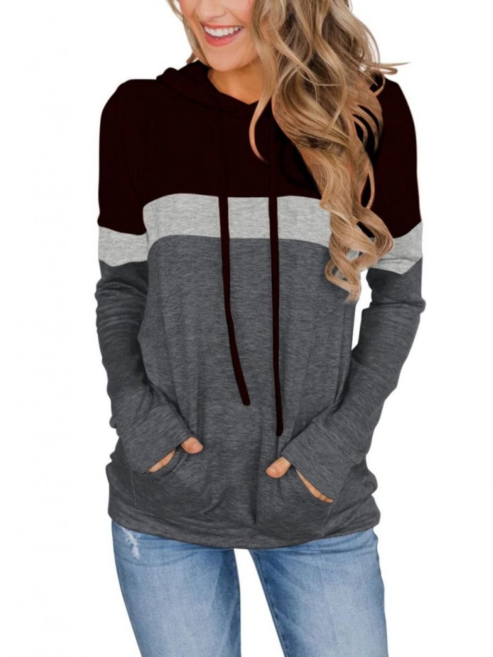 Women's Casual Color Block Hoodies Tops Long Sleeve Drawstring Pullover Sweatshirts with Pocket(S-XXL) 