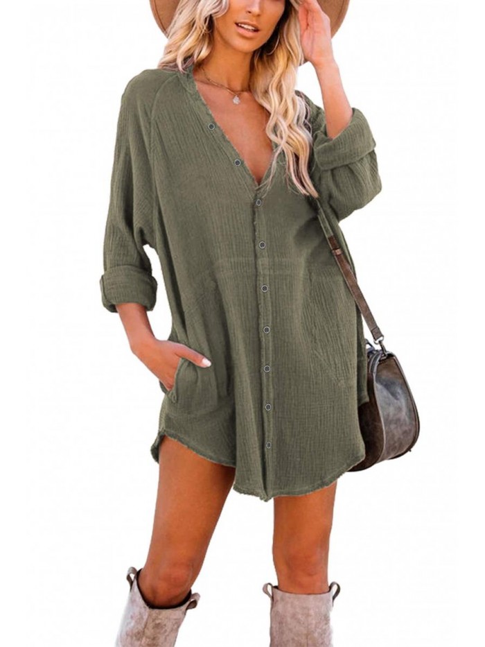 Women's Long Sleeve Button Down Tunic Dresses with Pockets 