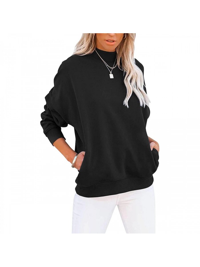 Womens Casual Mock Turtleneck Sweatshirts Long Sleeve Solid Color Basic Pullover Tops with Pockets 