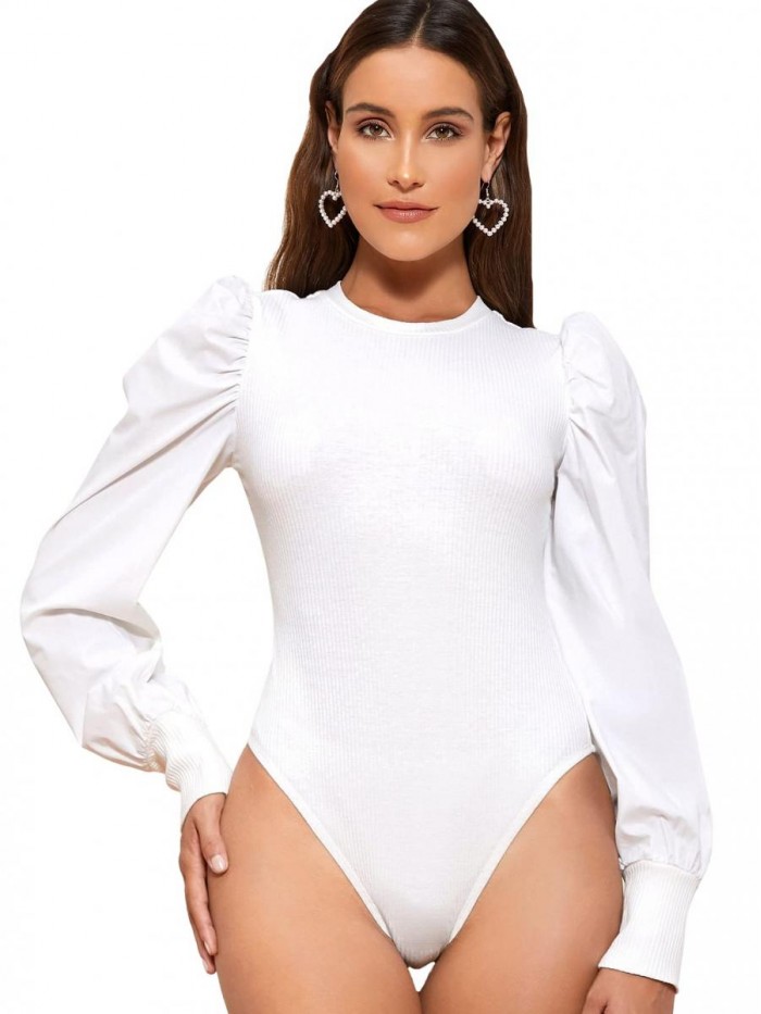 Women Puff Long Sleeves Elegant Retro Mock Neck Bodysuits Work Tops 