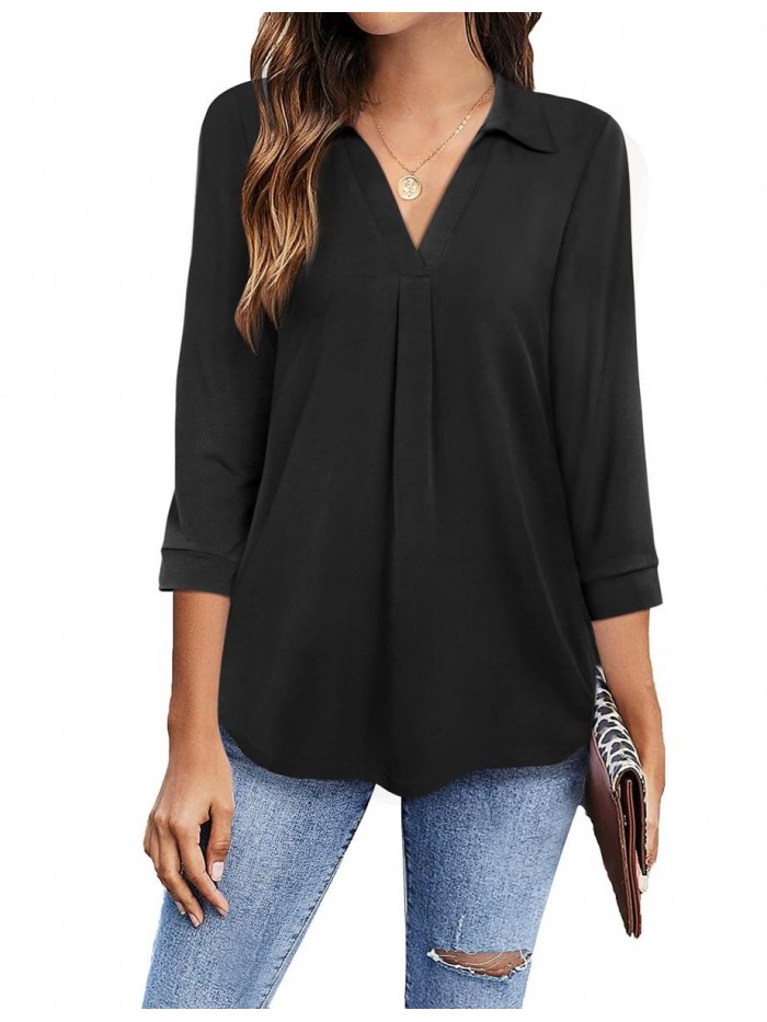 Women's V Neck Blouse 3/4 Sleeve Tunic Tops Ladies Work Shirts 