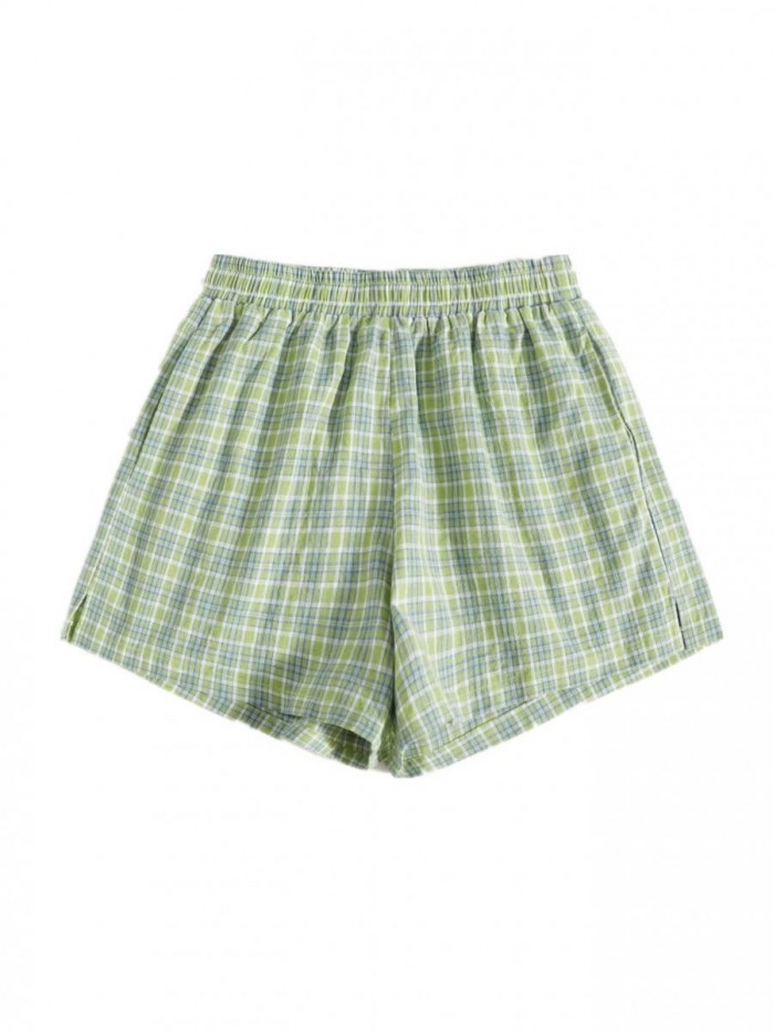 Women's Casual Plaid Split Hem Elastic High Waist Wide Leg Summer Shorts 