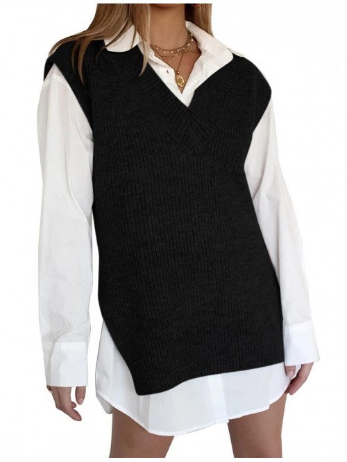 Womens Oversized V Neck Sweater Vests Retro Solid ...