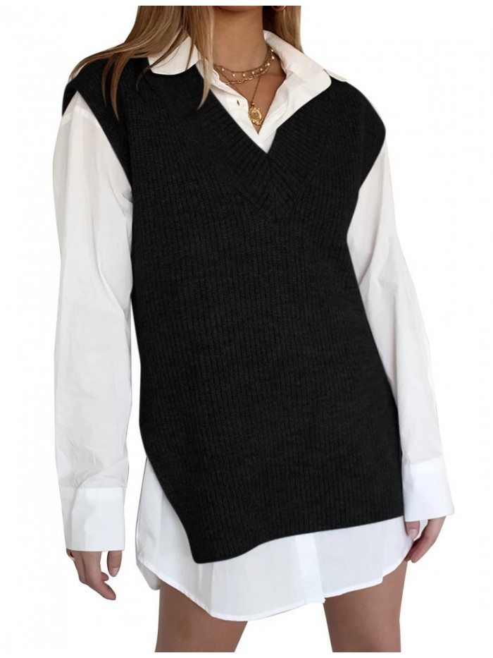 Womens Oversized V Neck Sweater Vests Retro Solid Cute Sleeveless Sweater Pullover 