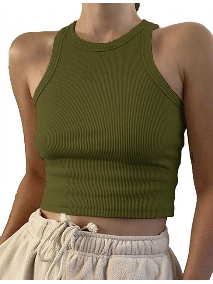 Women Casual Basic Sleeveless High Neck Rib-Knit Y2k Crop Tank Top 