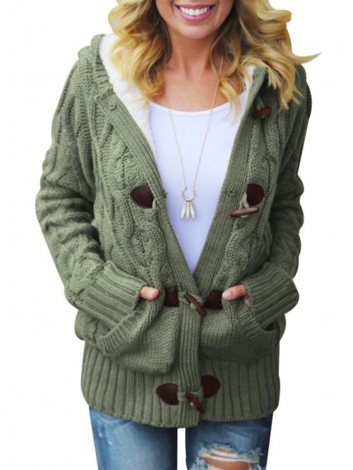 Womens Front Button Hooded Sweater Outwear Cable K...