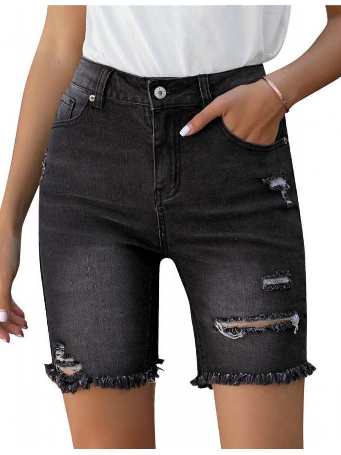 Women's High Waist Bermuda Shorts Ripped Distressed Stretch Denim Shorts 