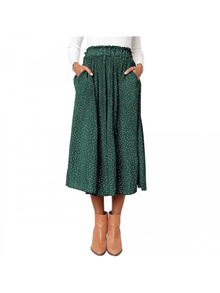 High Elastic Waist Polka Dot Pleated Skirt Midi Swing Chiffon Boho Skirt with Pockets 