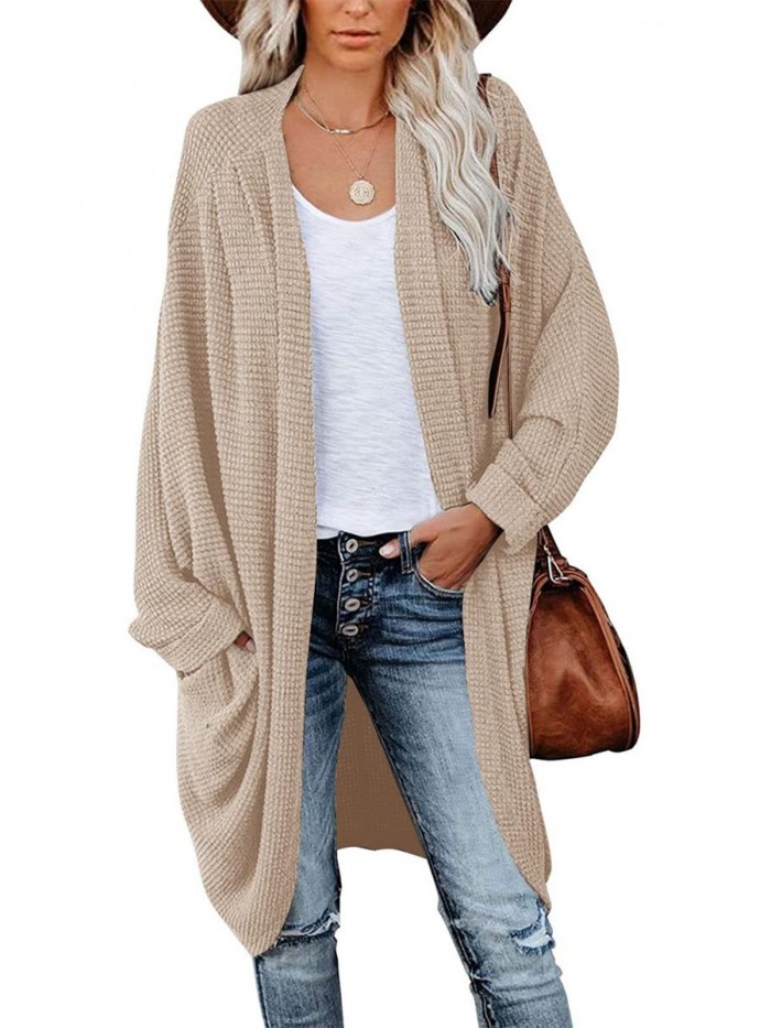 Women's Waffle Knit Batwing Long Sleeve Cardigan Loose Open Front Sweater Coat 