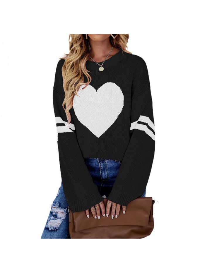 Women Heart Print Sweater Long Sleeve Pullover O-Neck Knitted Blouse Shirt Color Block Valentine Streetwear 