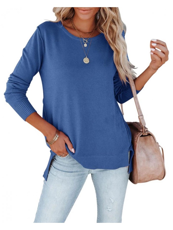 Crew Neck Tunic Pullover Sweater Solid Color Loose Casual Warm Lightweight Side Split Knit Sweaters 