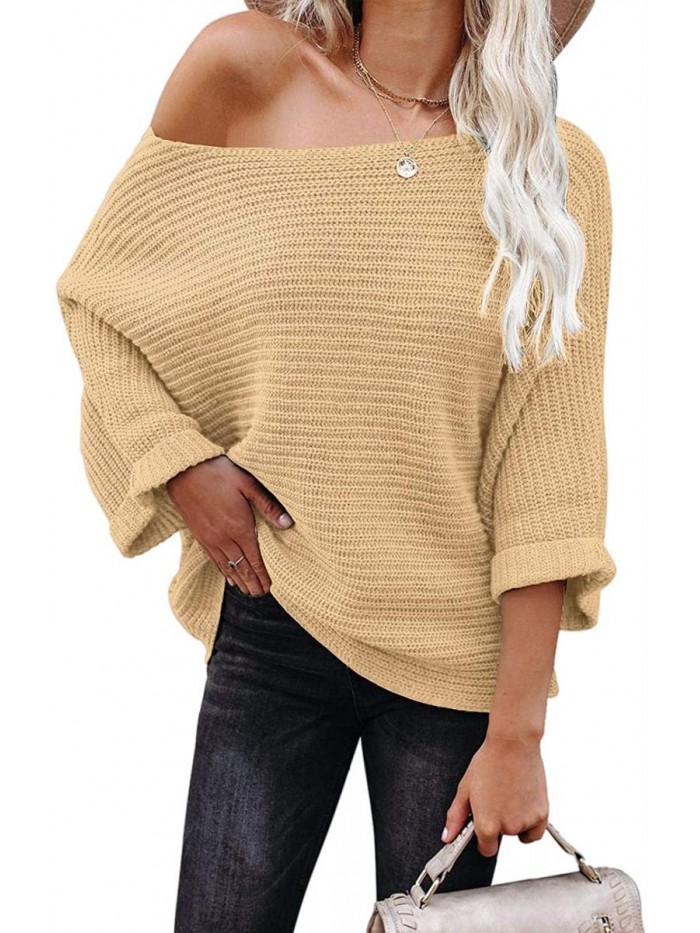 Women's Off Shoulder Sweaters Batwing 3/4 Sleeves Casual Solid Loose Pullovers Knit Jumper Tops 