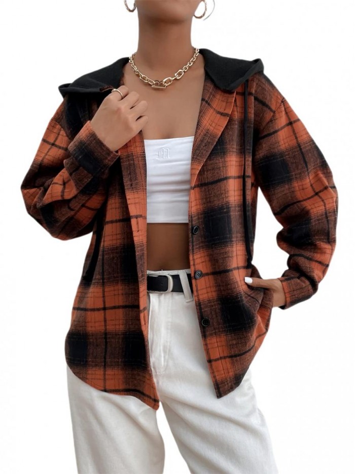 Women's Plaid Print Long Sleeve Drawstring Hoodie Thermal Jacket Coat 