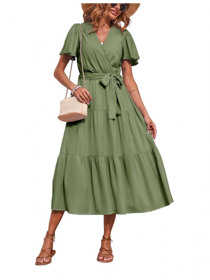 Women's Summer Wrap V Neck Ruffle Sleeve Tiered Midi Dress Tie Waist Flowy Long Beach Dress 