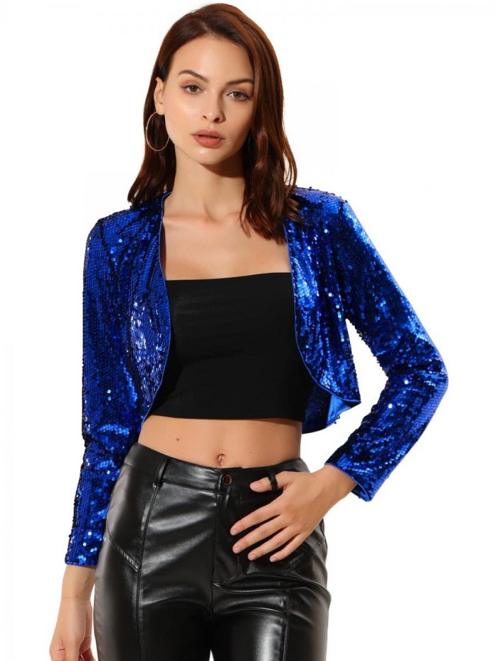 K Women's Sequin Jacket Long Sleeve Open Front Cropped Cardigan Bolero Shrug 