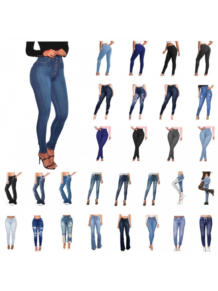 Women's Plus Size Casual Butt-Lifting Skinny Ripped Jeans Stretch Destroyed High Waisted Denim Jeans 