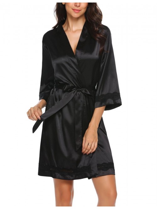 Women's Lace-Trim Kimono Style Short Satin Robe Sl...