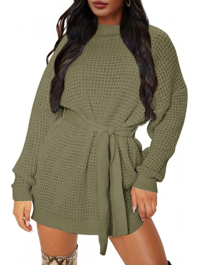 Women's Casual Long Sleeve Waffle Knit Tie Waist Loose Pullover Tunic Sweater Dress 