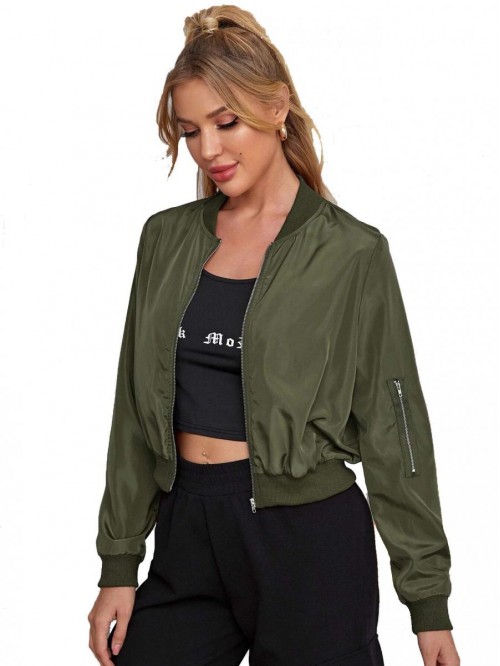 Women's Classic Solid Biker Jacket Zip up Crop Bom...