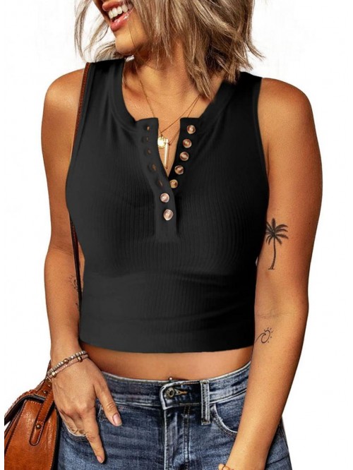 Women's Ribbed Scoop Neck Button Sleeveless Top Sh...