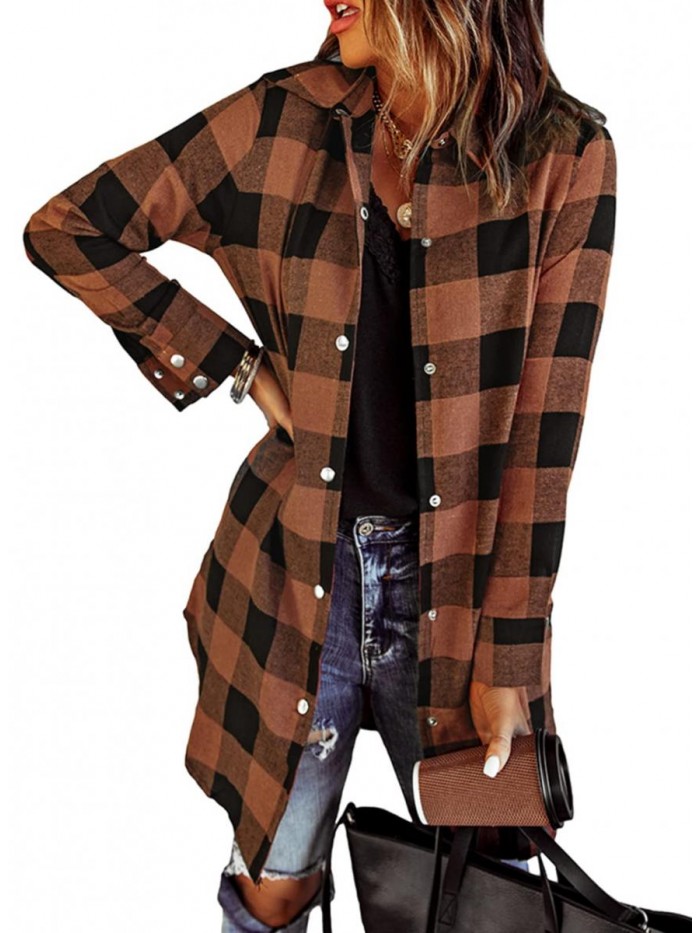 Plaid Flannel Shirts for Women Long Sleeve Button Down Shacket Jacket Coats With Pockets 