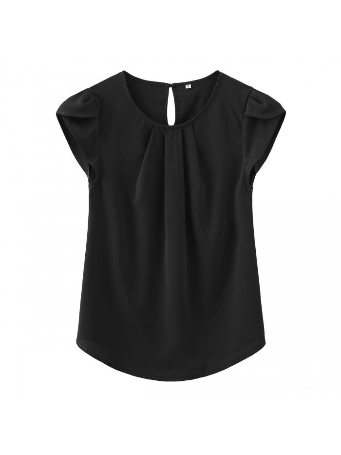 Women's Casual Round Neck Basic Pleated Top Cap Sleeve Curved Keyhole Back Chiffon Blouse 