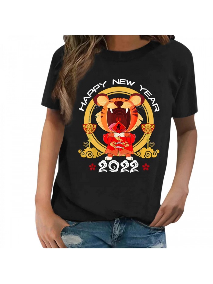 2022 Happy New Year Tiger Print T Shirt O Neck Short Sleeve Shirt Casual Graphic Casual Athletic Tunic Blouse 