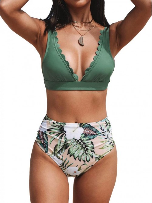 Women Scalloped V Neck Bikini Swimsuit High Waist ...