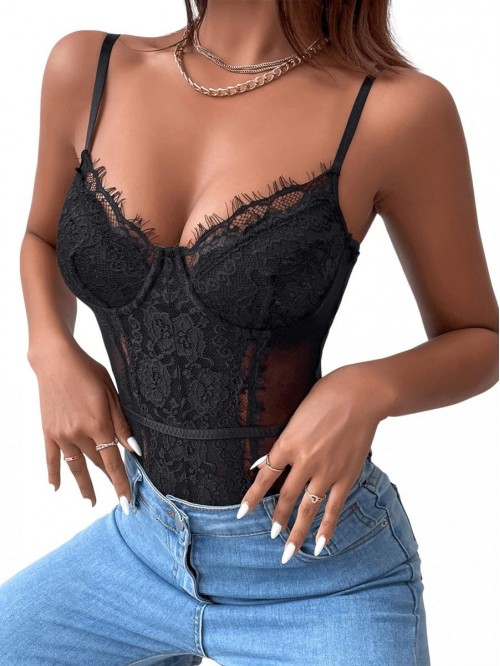 Women's Sheer Mesh Sleeveless Floral Lace Spaghett...