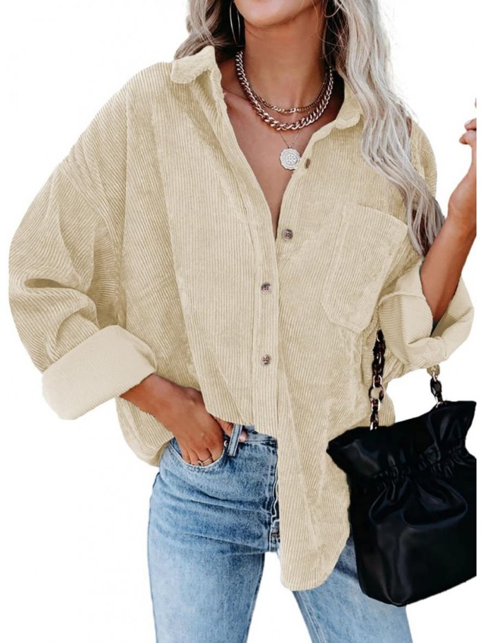 Women Corduroy Long Sleeve Button Down Shirt Oversized Jacket Tops 