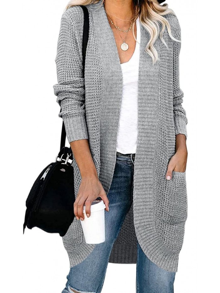 Women's Long Sleeve Open Front Cardigan Sweater Lightweight Waffle Knit Loose Draped Outerwear Coat with Pockets 