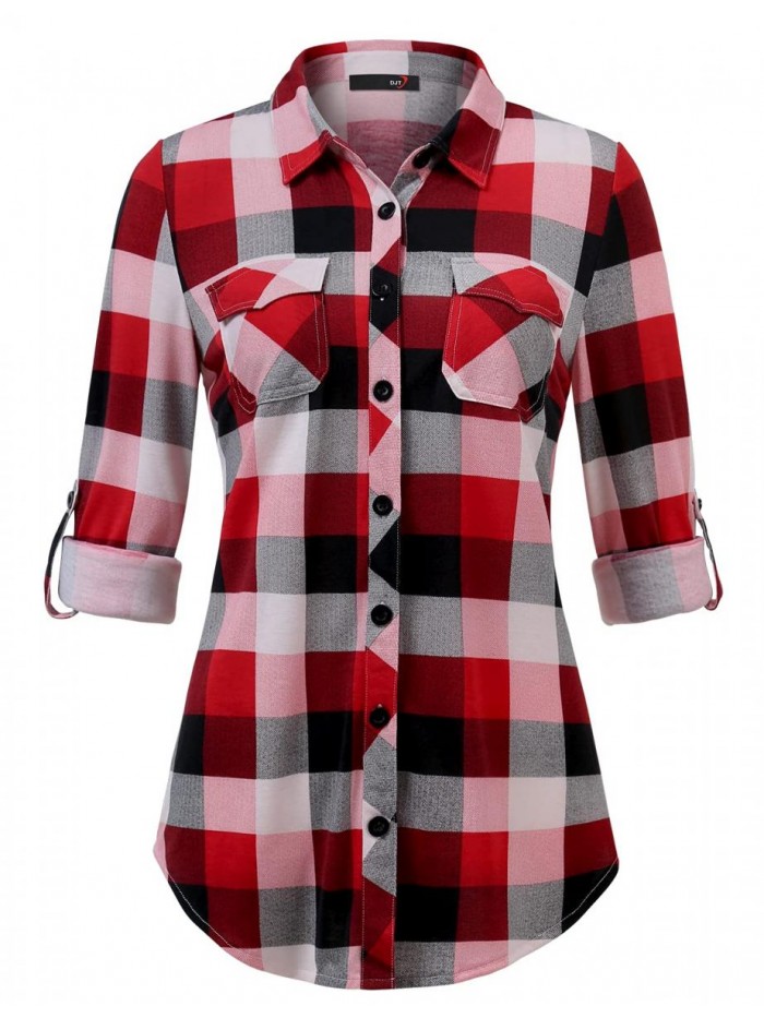 Women’s Roll Up Long Sleeve Collared Button Down Plaid Shirt 