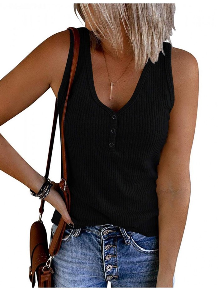 Womens Summer V Neck Sleeveless Tank Top Ribbed Button Slim Basic Henley Shirts 