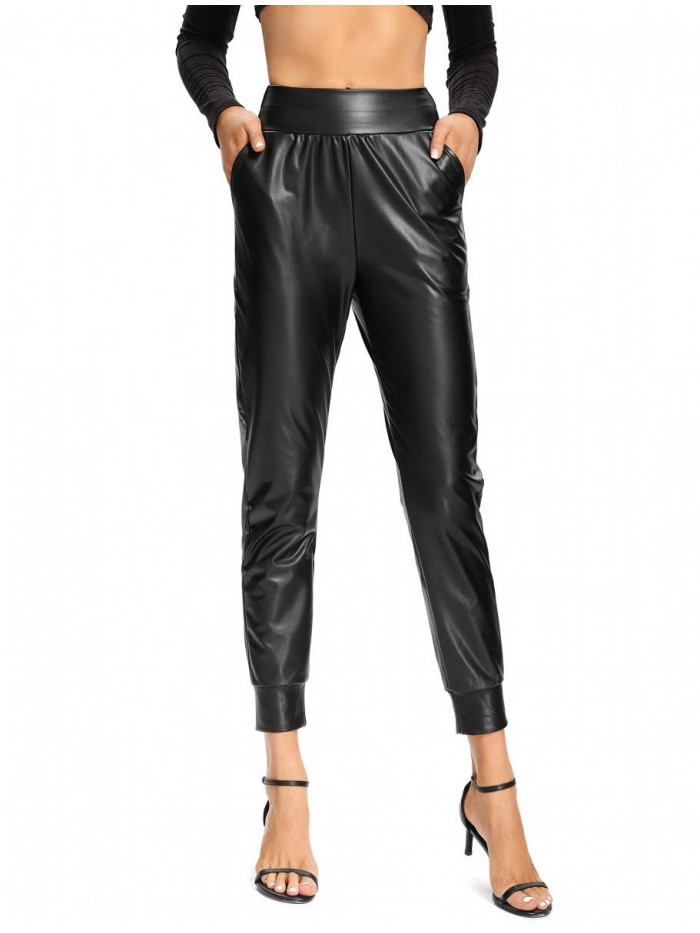 Womens Faux Leather Pants Elastic Waisted Casual Trousers 