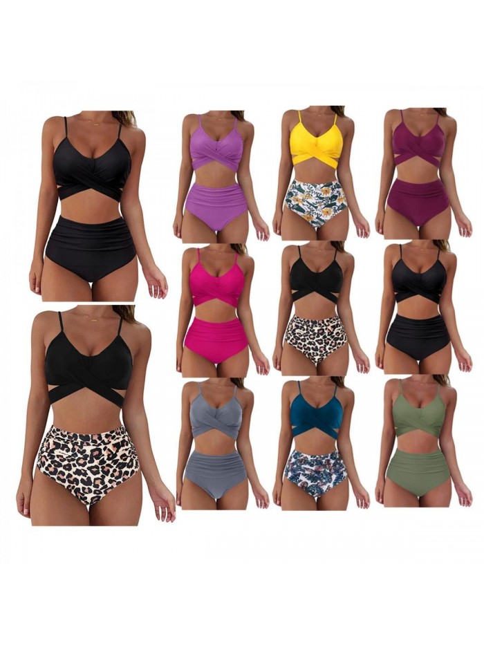 Women's High Waist Bikini Set, Sexy Halter Push Up Bikini Two Piece Bathing Suits V Neck Wrap Tie Back Swimsuit 