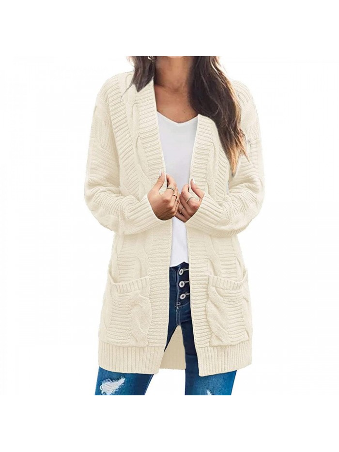 Womens Long Sleeve Cable Knit Cardigan Sweater Casual Loose Open Front Outwear with Pockets 