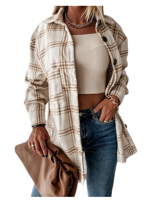 Women's Lapel Long Sleeve Plaid Shirt Pocket Jacke...