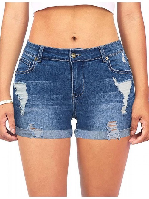 Women Mid Rise Stretch Denim Shorts Ripped Cuffed ...