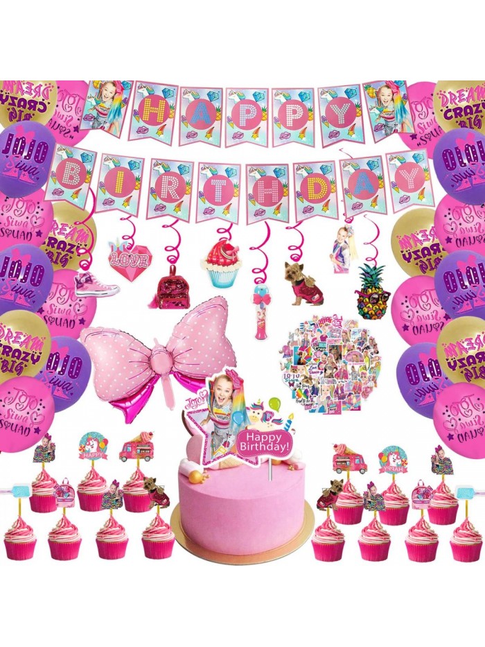 PCS JoJo Siwa Birthday Party Supplies Included Birthday Banner, Hanging Swirls, Cake topper, Cupcake toppers, Balloons, Foil Balloon,Stickers Birthday Party Decorations for Girls 