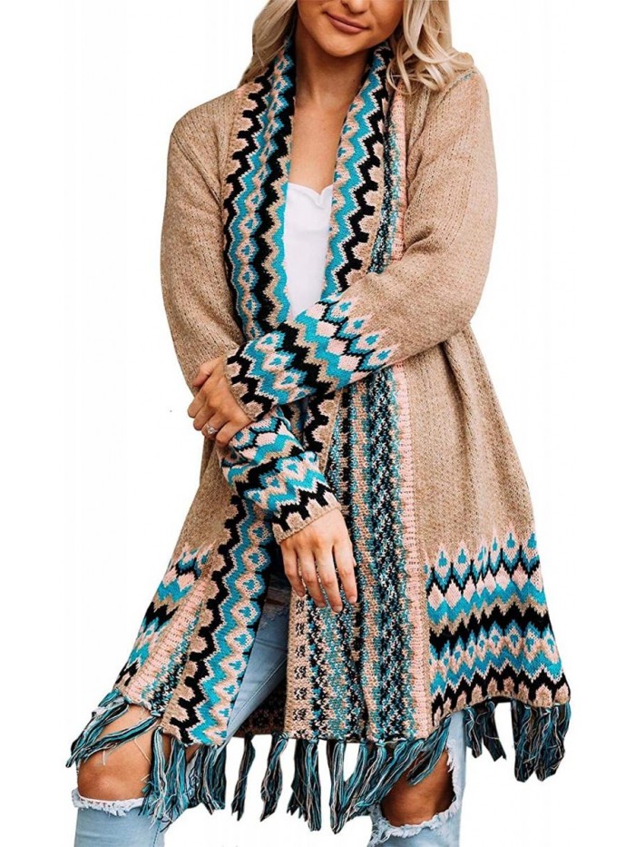 Plus Size Long Cardigans Boho Open Front Aztec Tribal Chunky Loose Sweaters with Tassels 