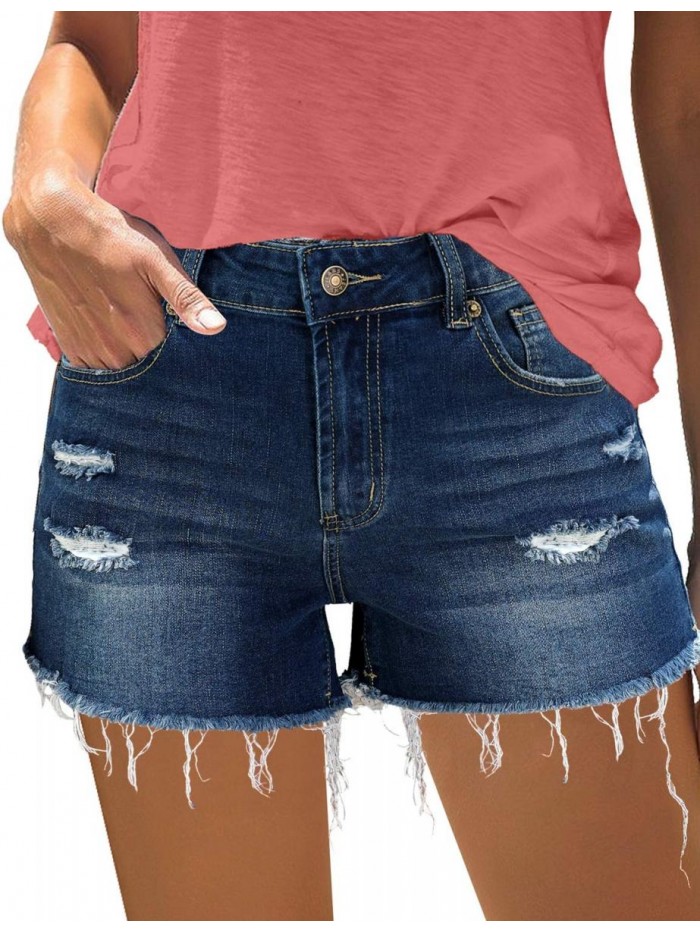 Women's Mid Rise Ripped Denim Shorts Frayed Raw Hem Casual Jeans Shorts 