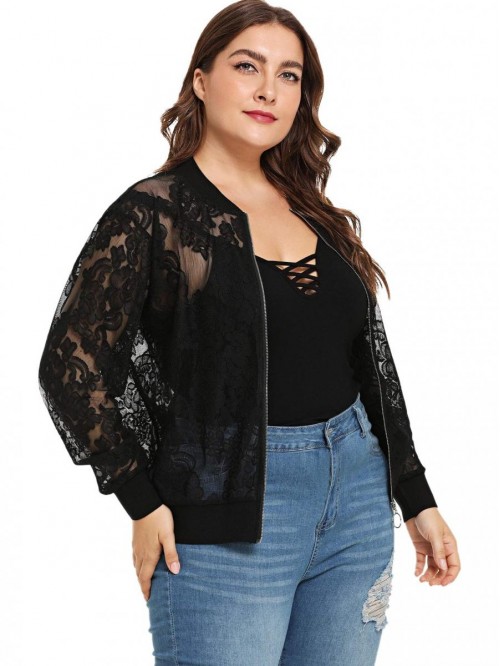 Women's Plus Size Sheer Floral Lace Long Sleeve Ba...