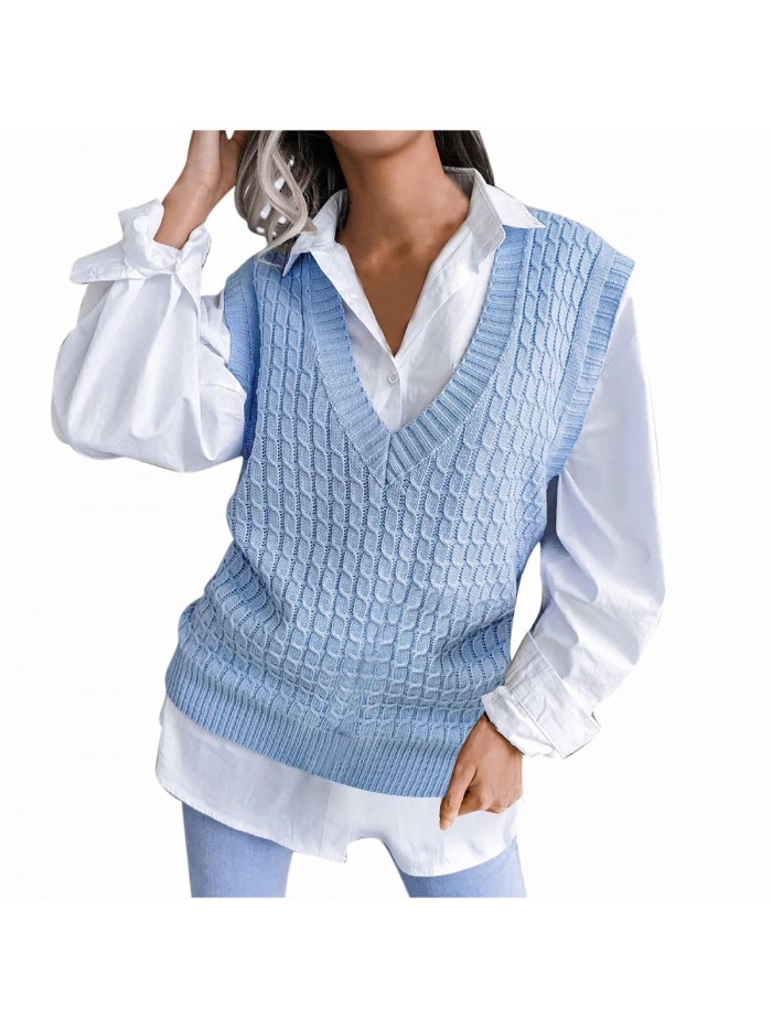 Women Sweater Vest with Shirt Hollow Trendy V Neck Solid Color Knit Sweater Vest Fashion Casual Sleeveless Vest Tops 