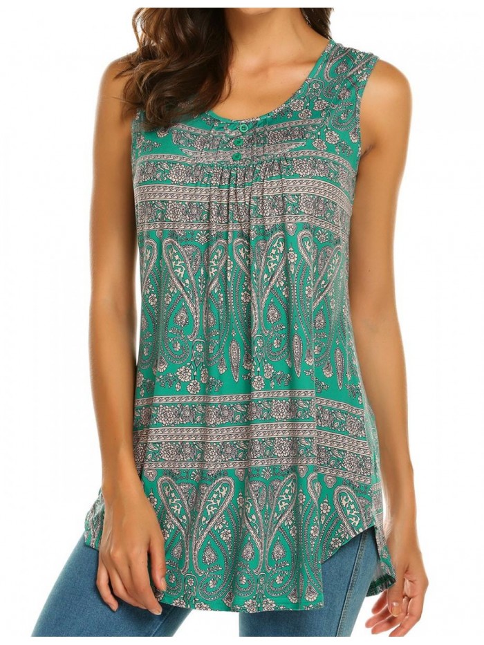 Women's Paisley Printed Pleated Sleeveless Blouse Shirt Casual Flare Tunic Tank Top 