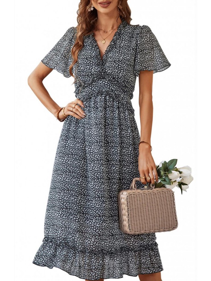 Women's Summer Casual Ruffle Short Sleeve Deep V Neck Boho Floral Print Midi Dress Flowy Chiffon A Line Long Dress 